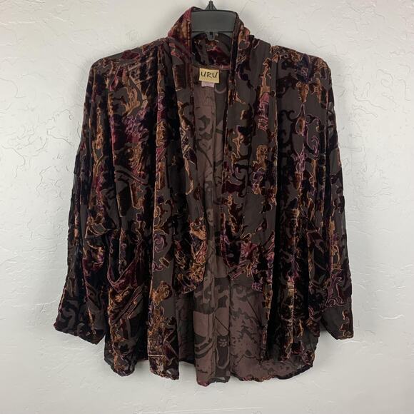URU Kimono Jacket Womens Large Brown Purple Silk Velvet Burnout Open Front Drape